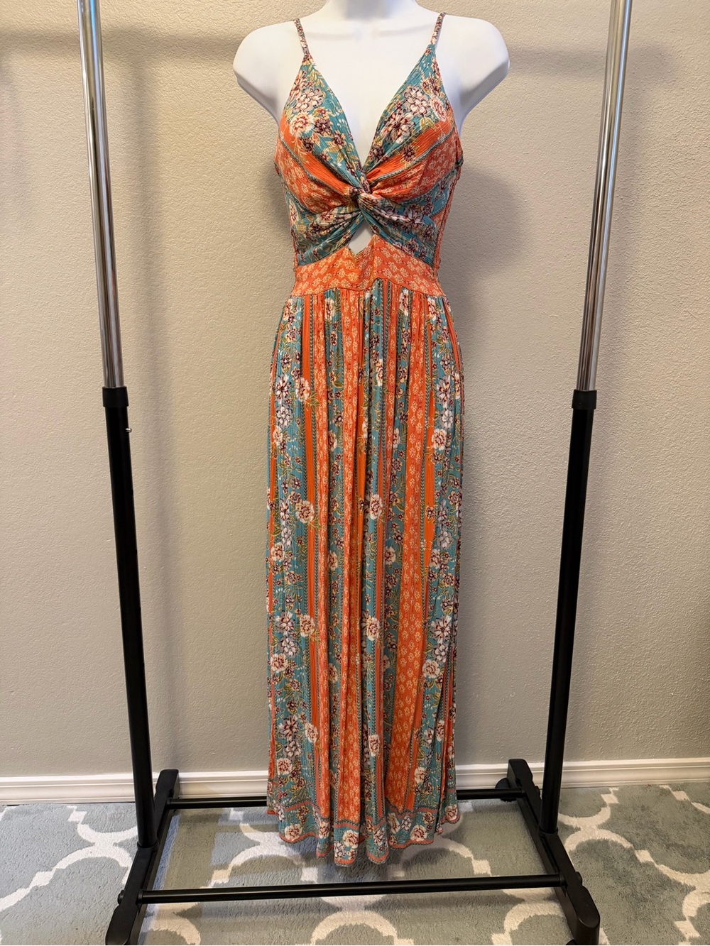 Angie Coral & Teal Floral Twist-Front Maxi Dress S